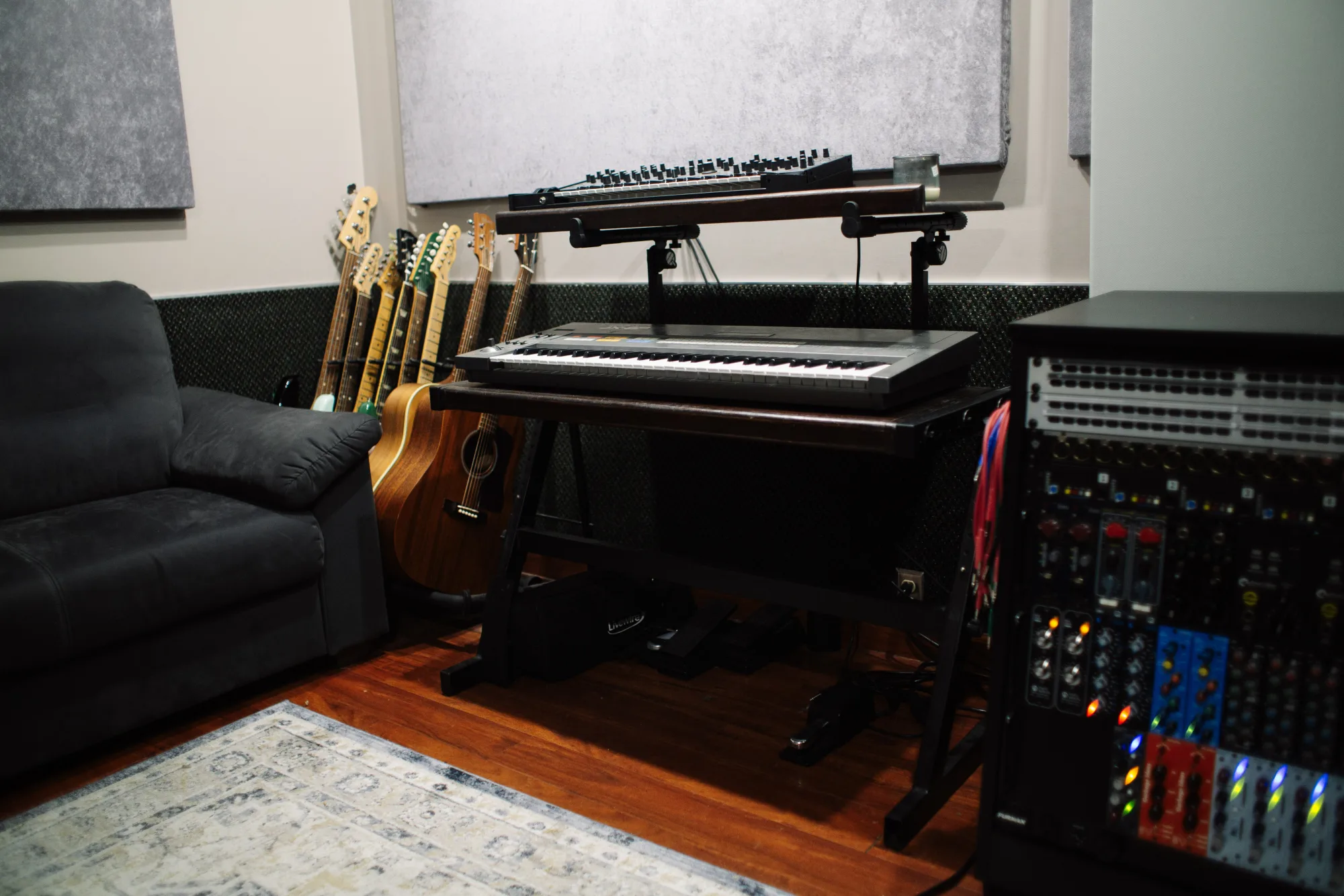 Control room with keyboards and guitars